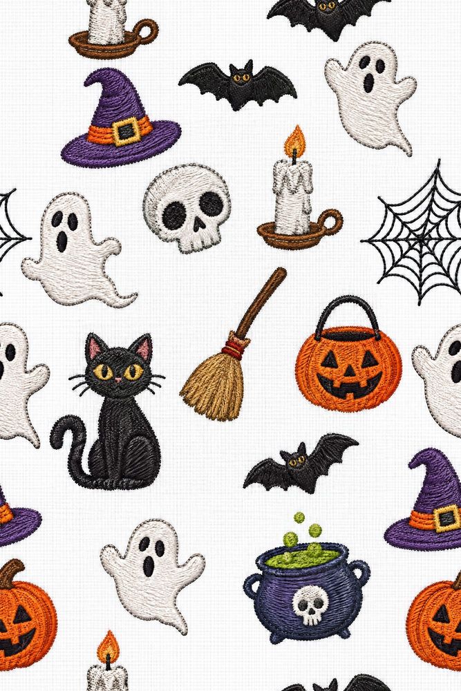 Halloween Icons Wallpaper Embroidered Look Pattern pattern artwork