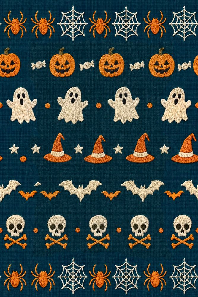 Halloween Icons Wallpaper Dark Teal Embroidered Pattern pattern artwork