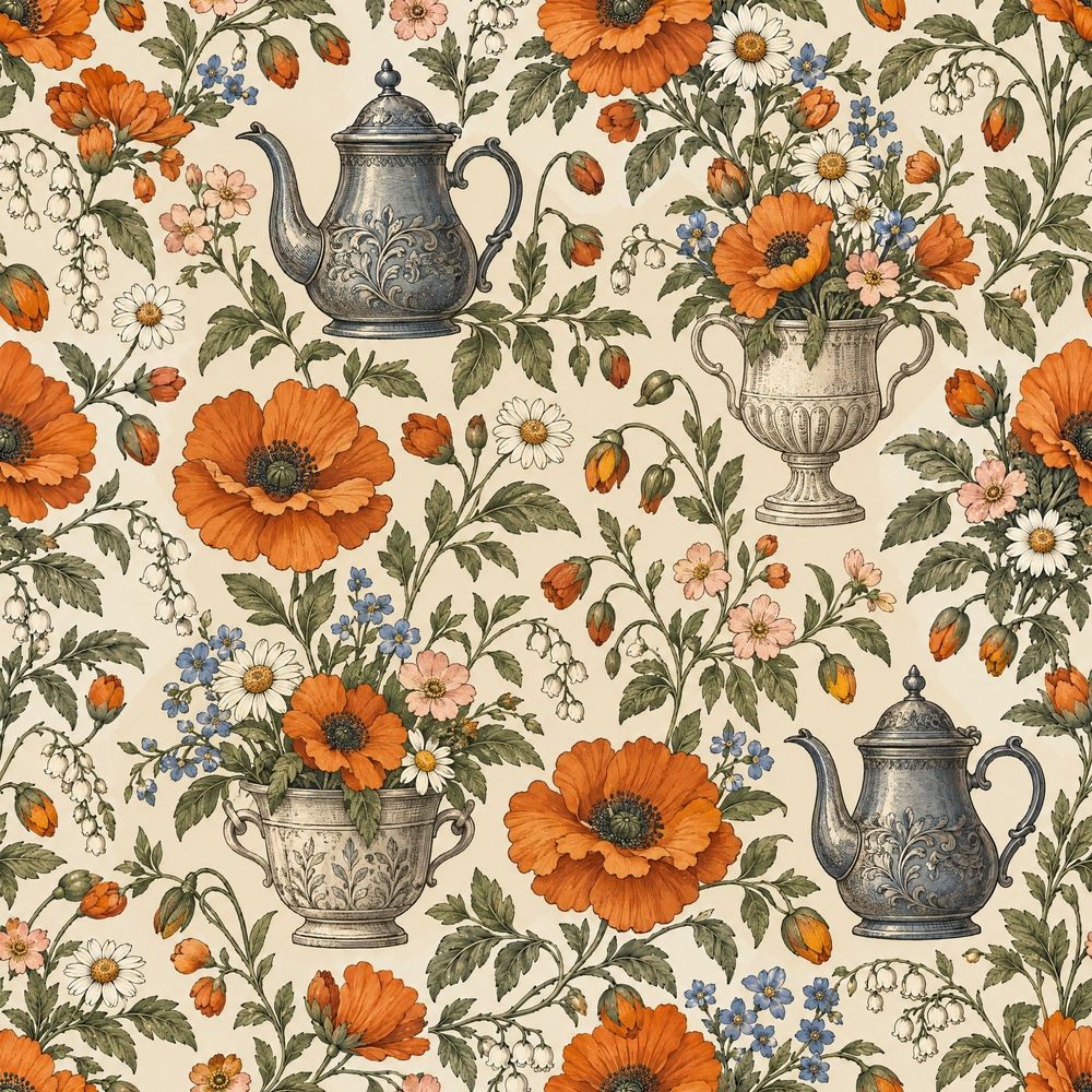 Orange Poppies And Teapot Wallpaper Vintage Botanical Cream Background pattern artwork
