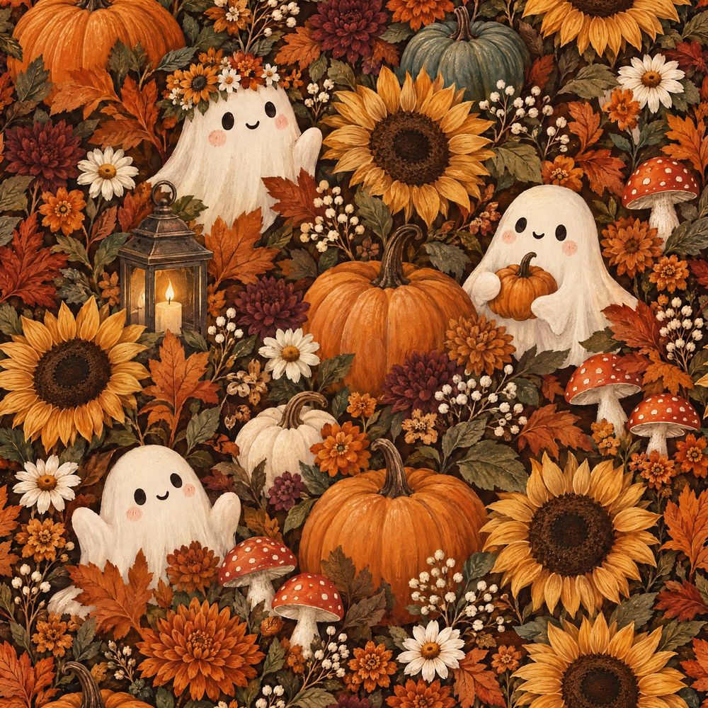 Halloween Ghosts Wallpaper Vintage Harvest Floral pattern artwork