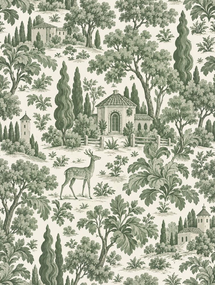 Tuscan Landscape Wallpaper Green Toile pattern artwork