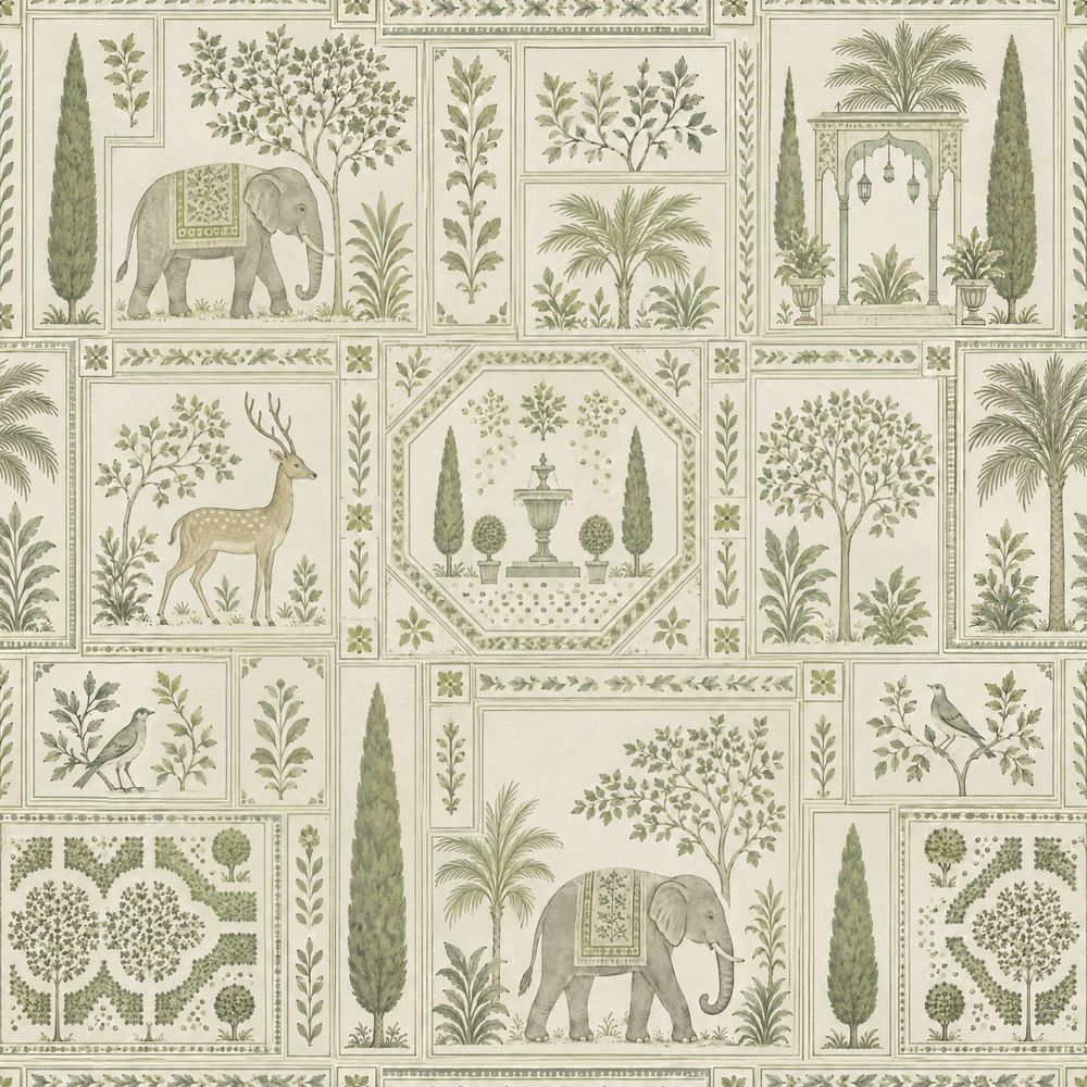 Elephant Wallpaper Sage Green Toile Botanical Garden pattern artwork