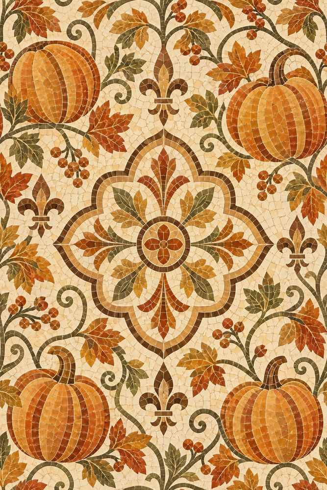 Pumpkin Medallion Wallpaper Vintage Mosaic Stone Background pattern artwork