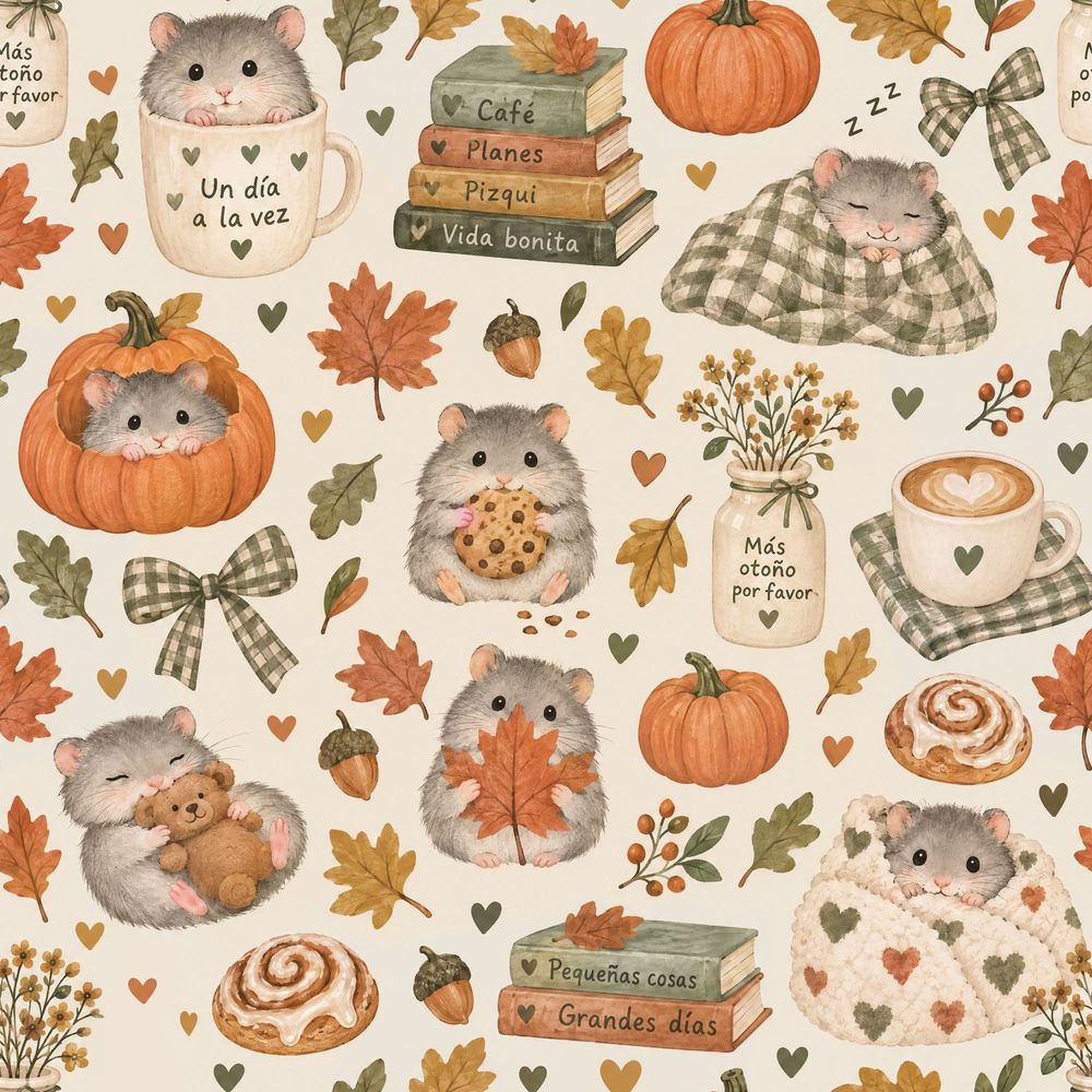 Hamsters Wallpaper Cozy Autumn Watercolor On Ivory Background pattern artwork