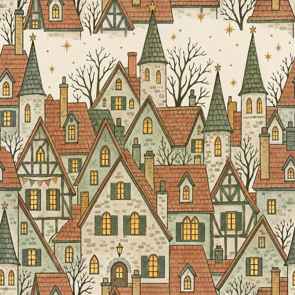 Old Town Houses Wallpaper Vintage Storybook Village pattern artwork