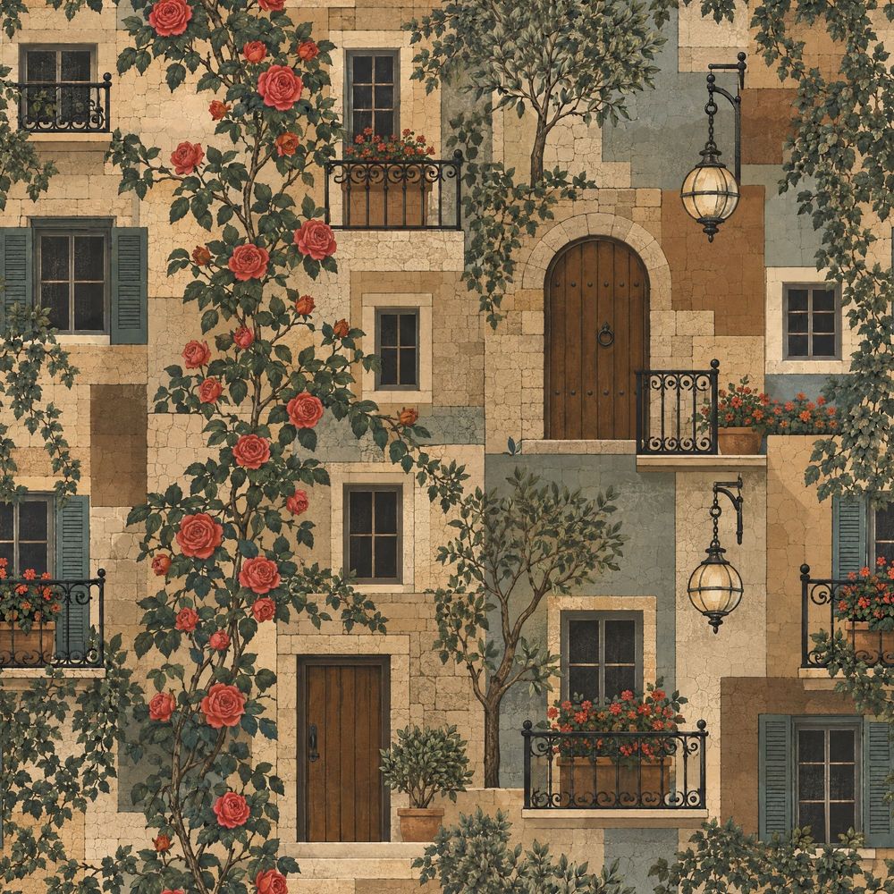 Mediterranean Stone Facade Wallpaper Roses And Shutters pattern artwork