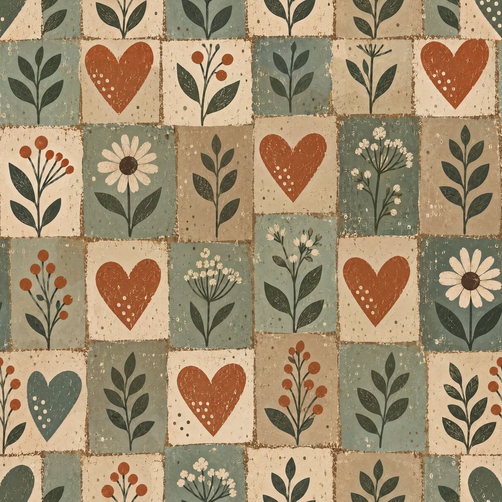 Folk Floral Hearts Wallpaper Patchwork Blocks pattern artwork