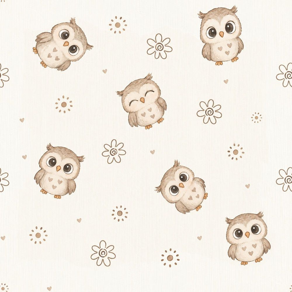 Cute Owl Wallpaper Hand Drawn Floral Pattern In Cream Beige Brown pattern artwork