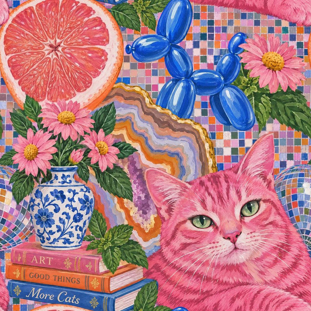 Cat And Balloon Dog Wallpaper Maximalist Pop Art Collage pattern artwork