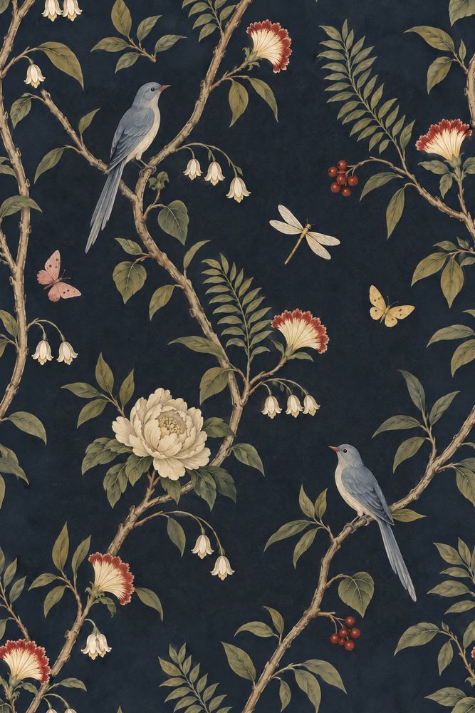 Birds And Botanicals Wallpaper Dark Navy Chinoiserie Floral pattern artwork