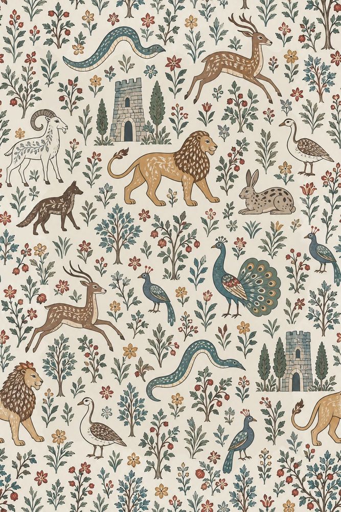 Medieval Bestiary Animals Wallpaper Ivory Background Folk Art pattern artwork