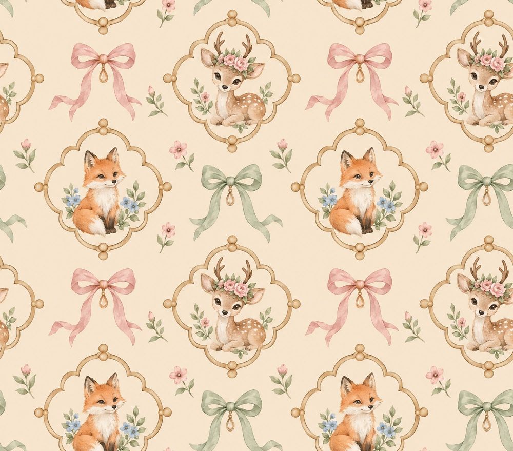 Woodland Animals Wallpaper Watercolor Medallion Pattern On Cream Background pattern artwork
