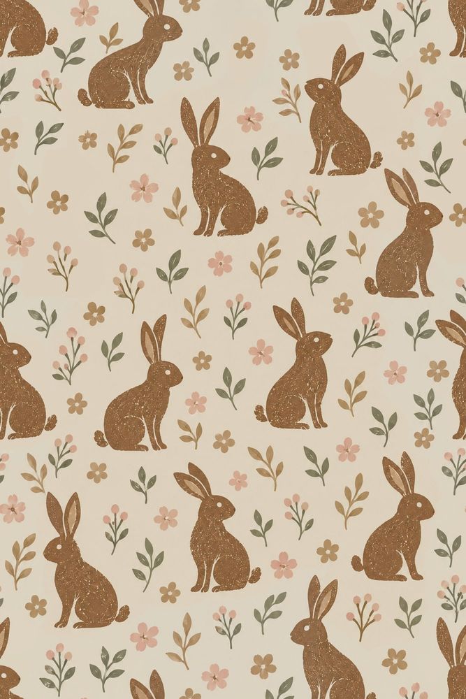 Bunny Wallpaper Vintage Floral Botanical Cream Background pattern artwork