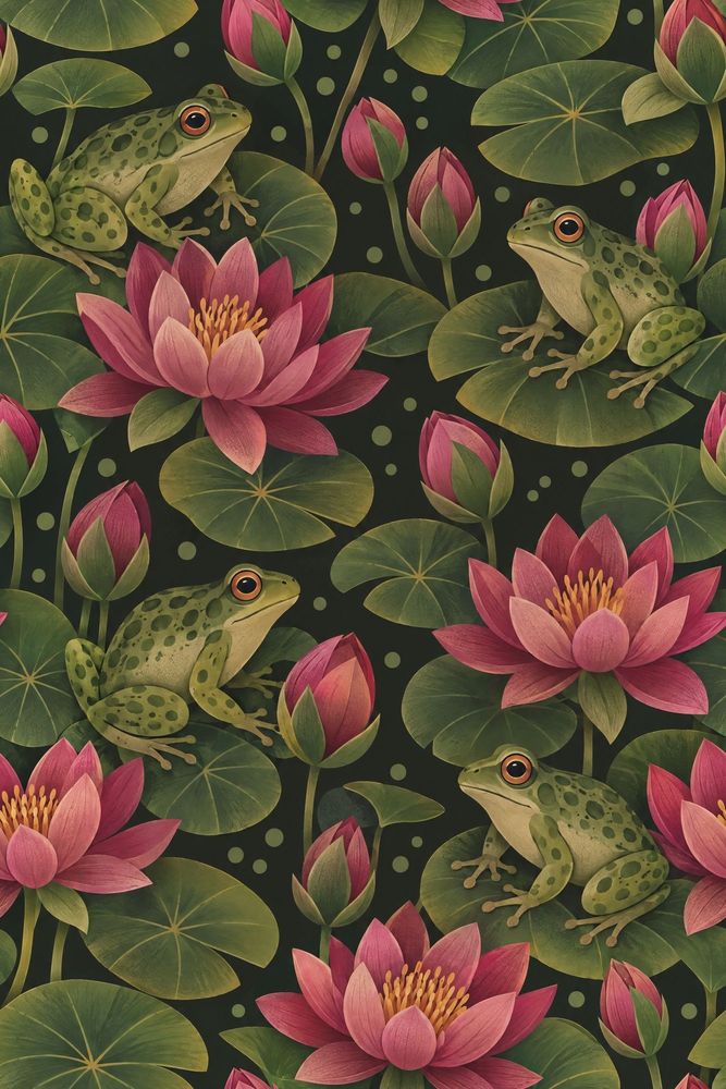 Frogs Wallpaper Dark Botanical Lily Pad Pond pattern artwork