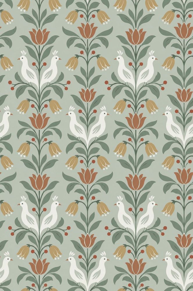 White Birds Wallpaper Symmetrical Folk Floral In Sage Green pattern artwork