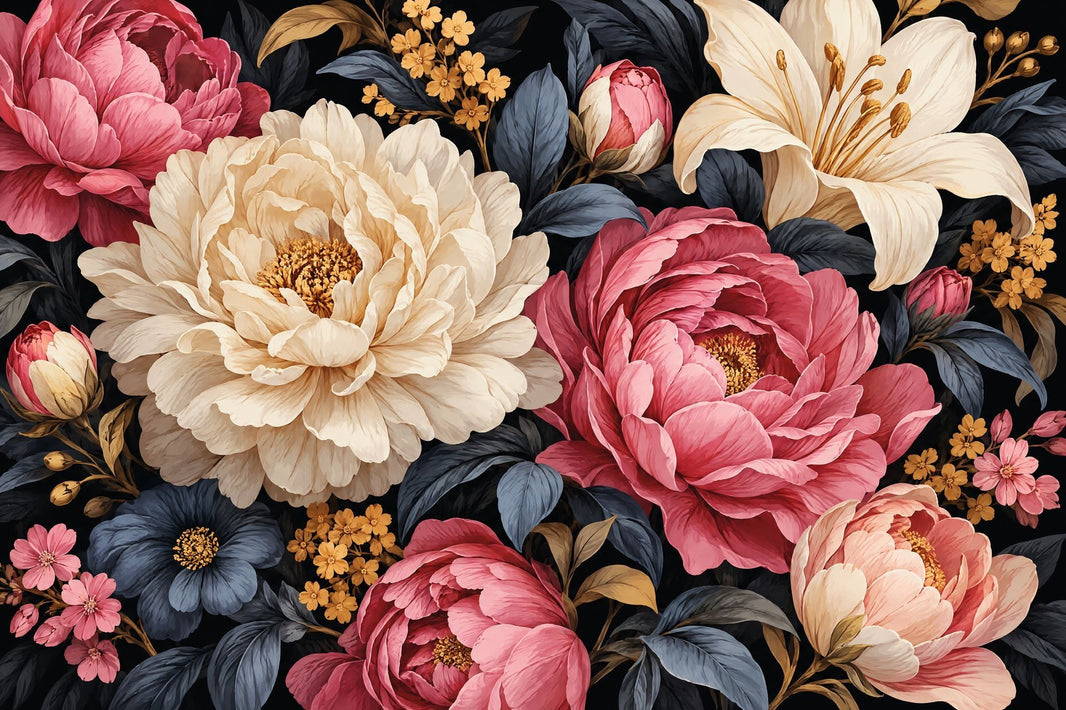 Peony And Lily Blooms Wallpaper Dark Floral Wall Mural pattern artwork
