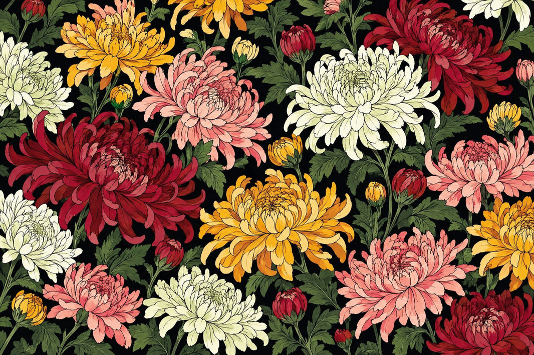 Chrysanthemum Flowers Wallpaper Dark Floral Wall Mural pattern artwork