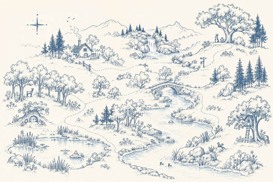 Woodland River And Waterfall Wallpaper Blue Toile Wall Mural pattern artwork