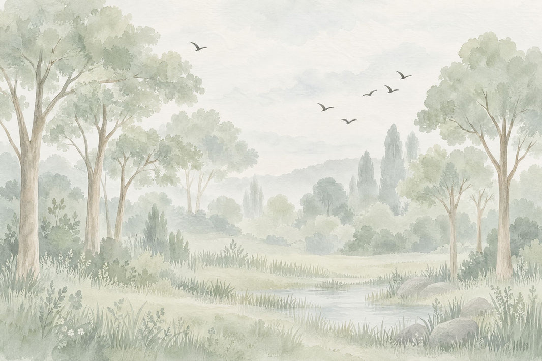 Watercolor Woodland Trees Wallpaper Misty Meadow Wall Mural pattern artwork