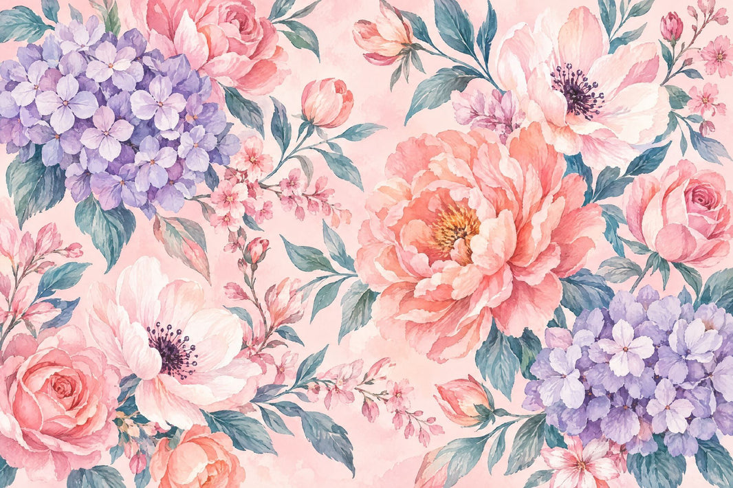 Pink Roses And Hydrangeas Wallpaper Watercolor Floral Wall Mural pattern artwork