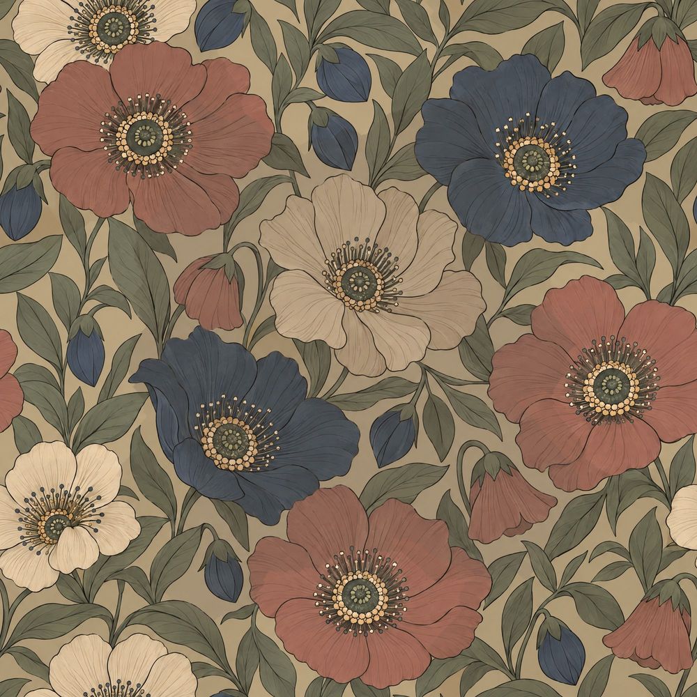 Stylized Poppy Flowers Wallpaper Muted Tan Botanical pattern artwork
