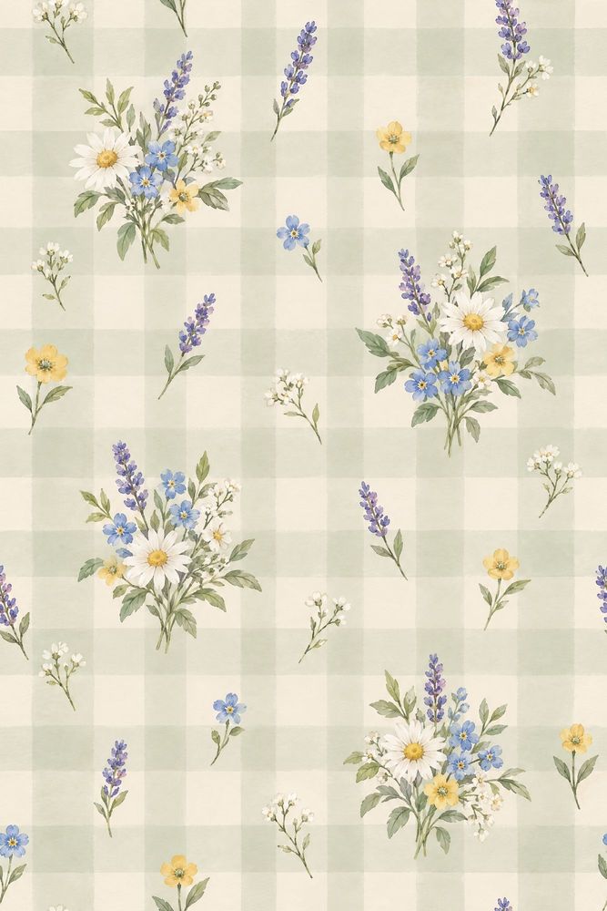 Daisy And Lavender Bouquets Wallpaper Muted Green Plaid pattern artwork
