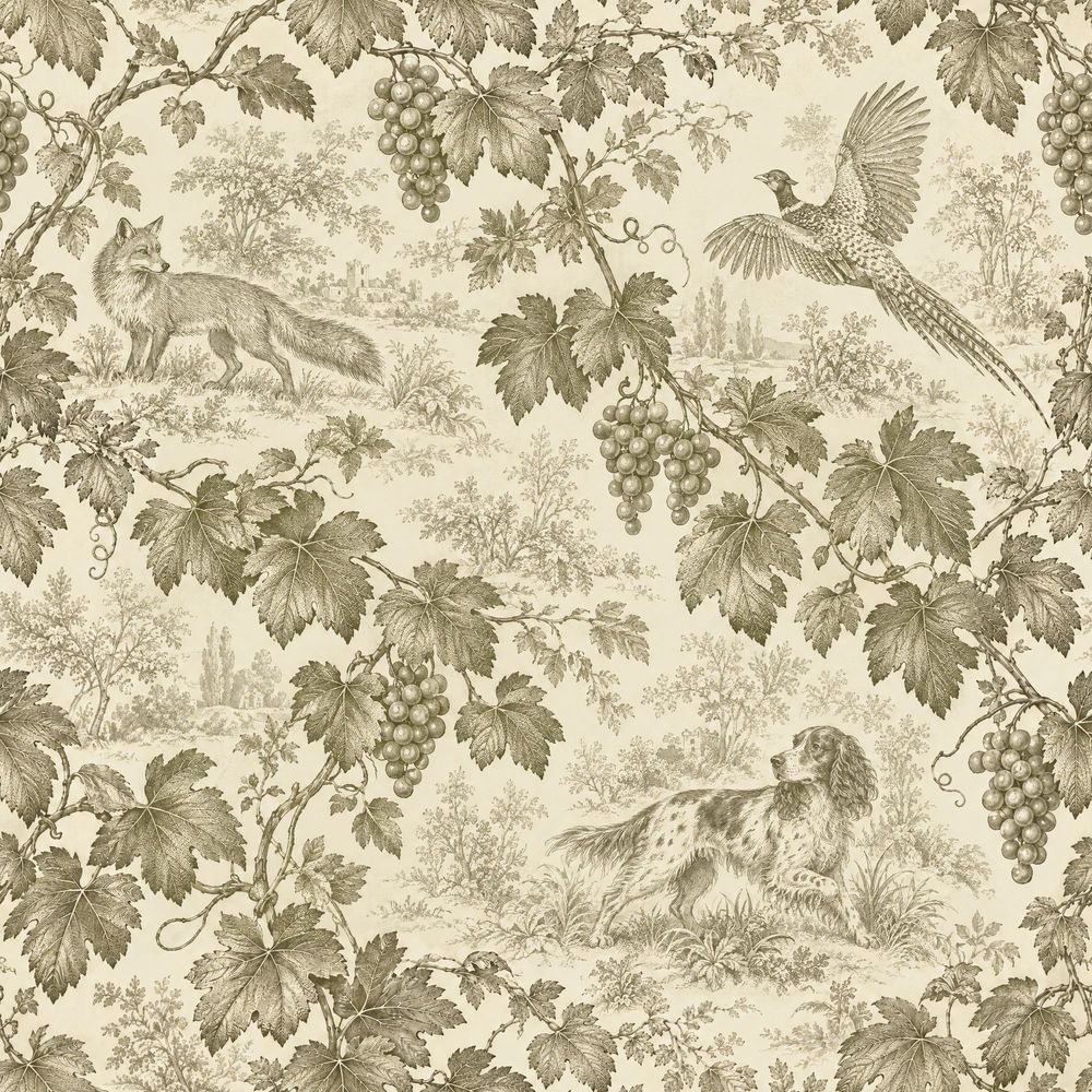 Grapevine Fox And Pheasant Toile Wallpaper Sepia Cream pattern artwork