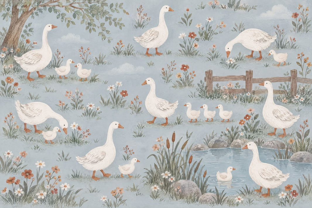 Watercolor Geese And Goslings Wallpaper Pastel Countryside Wall Mural pattern artwork