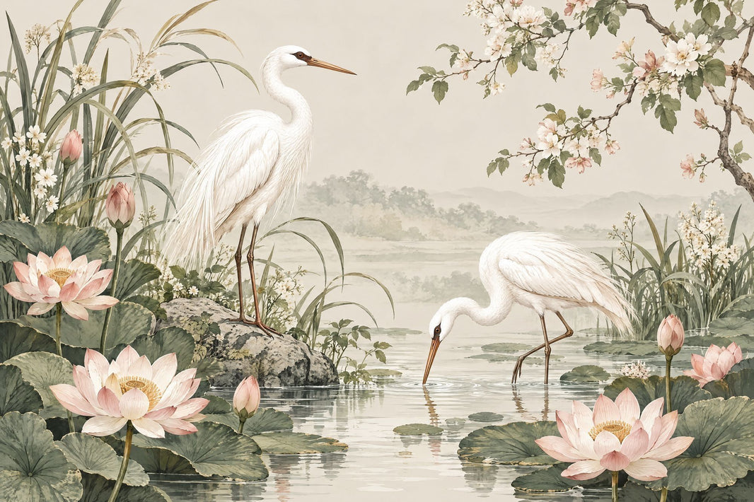 Cranes And Lotus Pond Wallpaper Chinoiserie Floral Wall Mural pattern artwork
