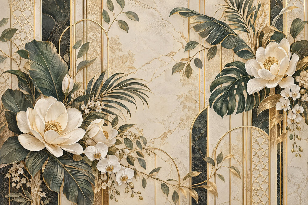 White Orchid And Tropical Leaves Wallpaper Gold Art Deco Wall Mural pattern artwork