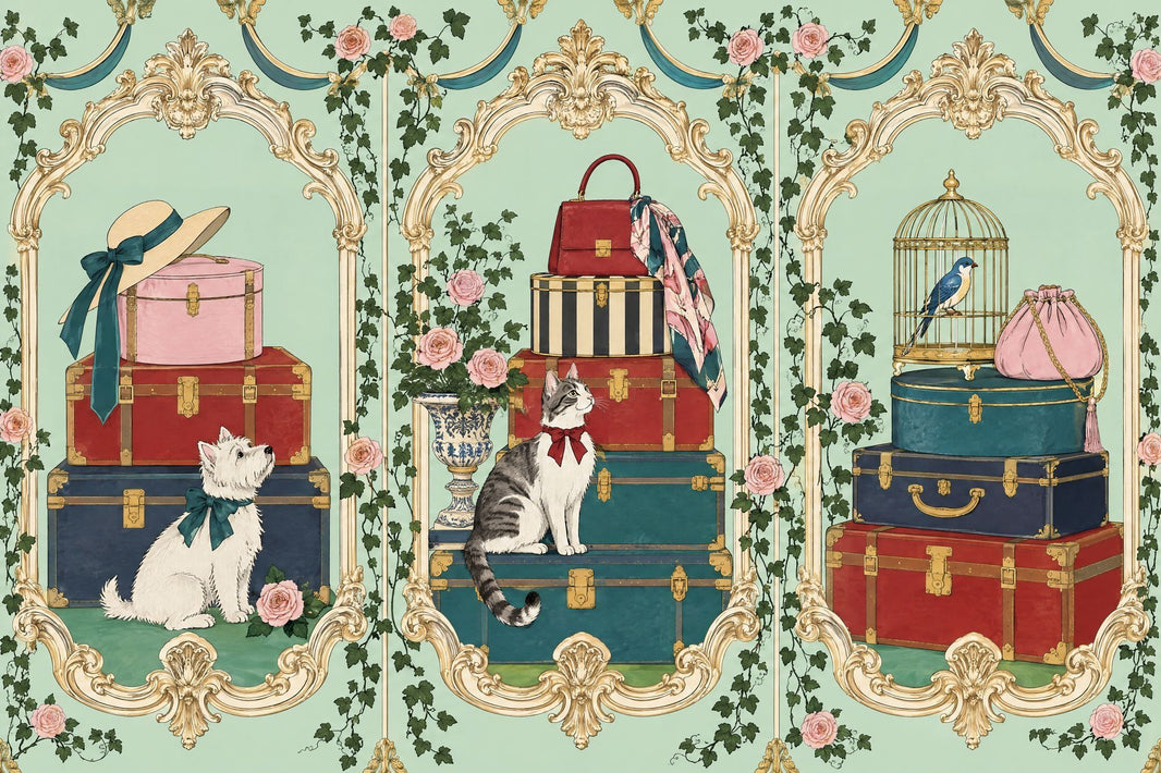 Vintage Trunks And Pets Wallpaper Ornate Frames Wall Mural pattern artwork