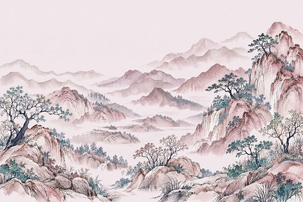 Misty Mountains Wallpaper East Asian Landscape Wall Mural pattern artwork