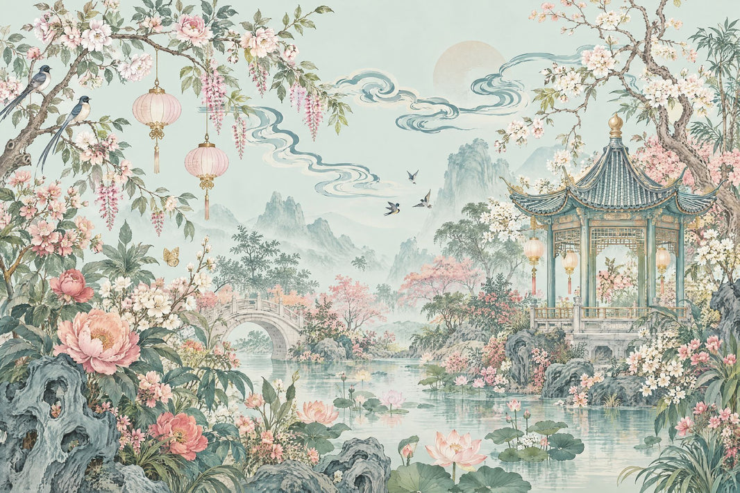 Chinoiserie Garden Pavilion Wallpaper Pastel Floral Landscape Wall Mural pattern artwork