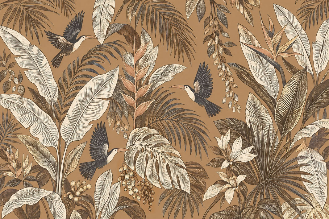 Toucan Birds And Palm Leaves Wallpaper Neutral Tropical Wall Mural pattern artwork