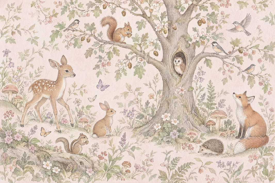 Woodland Animals Tree Wallpaper Pastel Storybook Wall Mural pattern artwork
