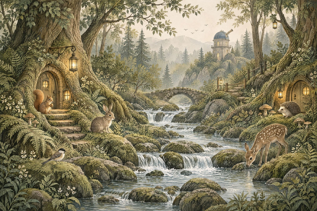 Enchanted Forest Tree Cottages Wallpaper Storybook Woodland Wall Mural pattern artwork
