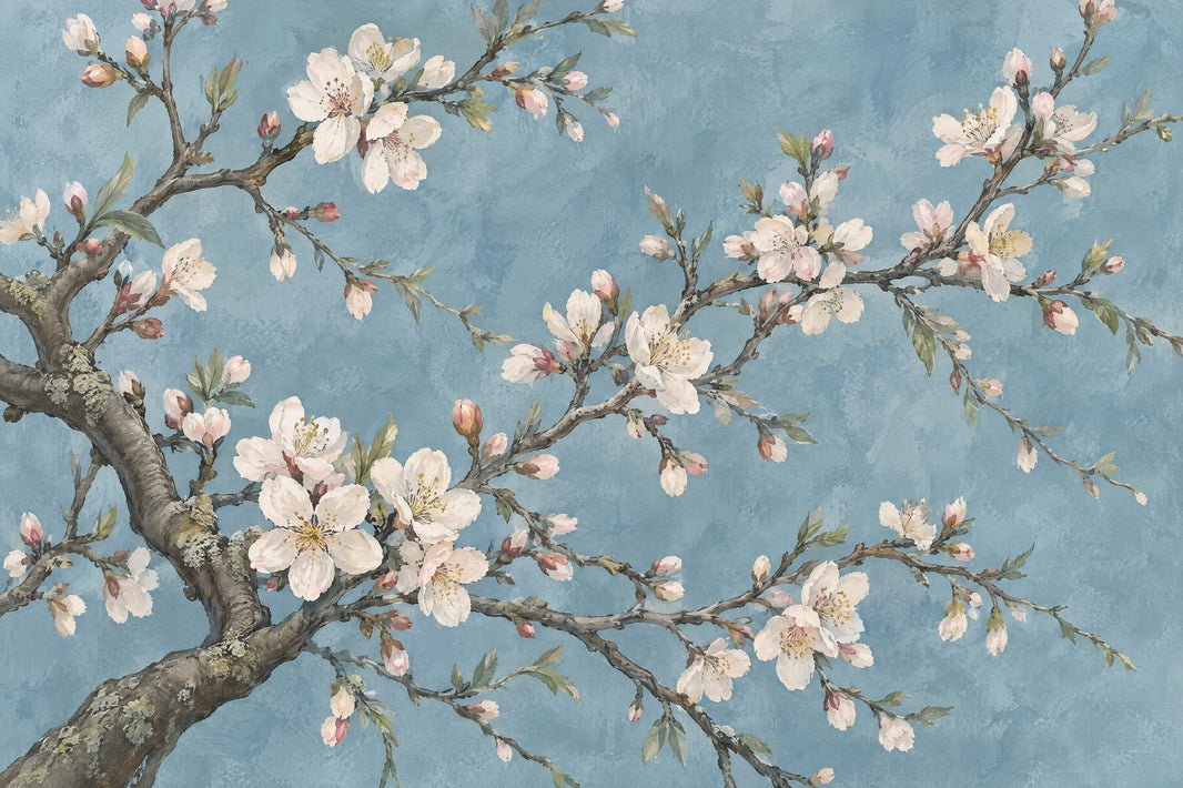 Cherry Blossom Branches Wallpaper Blue Botanical Wall Mural pattern artwork
