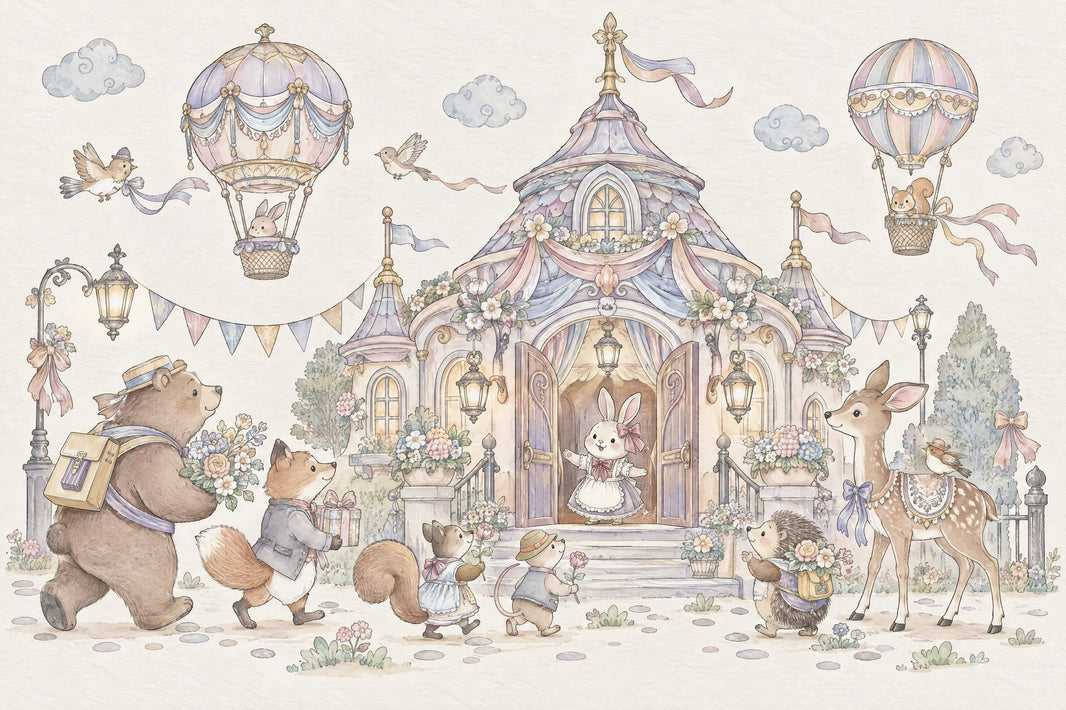 Fairy Tale Castle Animals Wallpaper Watercolor Kids Wall Mural pattern artwork