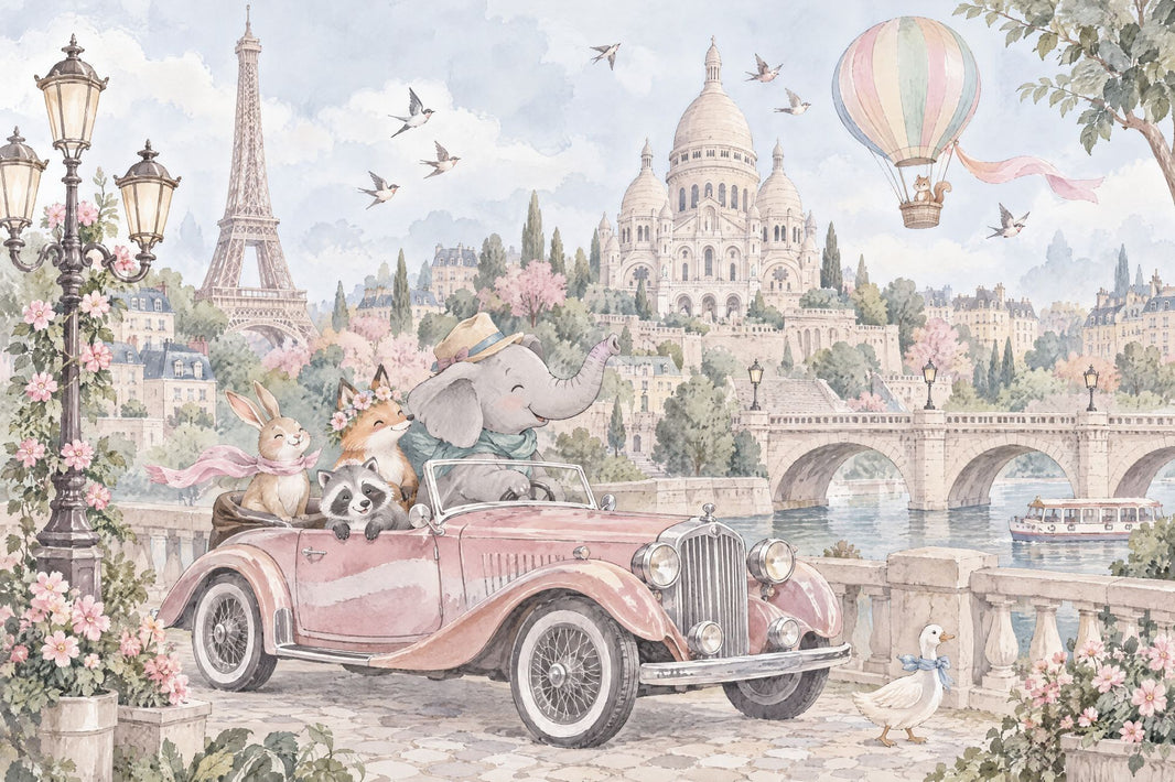 Paris Cityscape Wallpaper Watercolor Animals Wall Mural pattern artwork