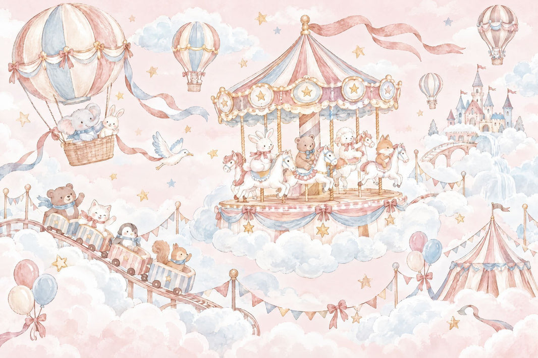 Carousel And Hot Air Balloon Wallpaper Watercolor Fairytale Wall Mural pattern artwork