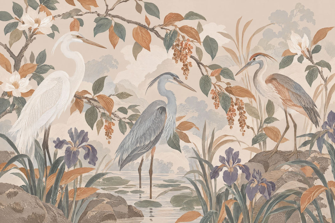 Herons And Iris Pond Wallpaper Muted Green Chinoiserie Wall Mural pattern artwork