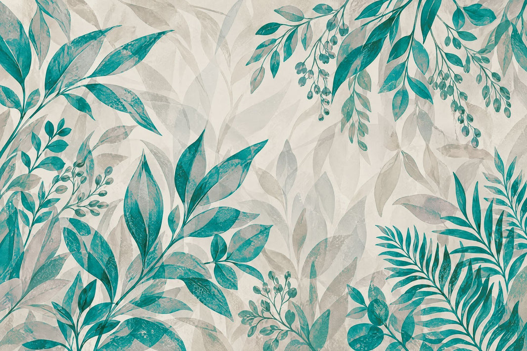 Teal Leaf Branches Wallpaper Watercolor Botanical Wall Mural pattern artwork