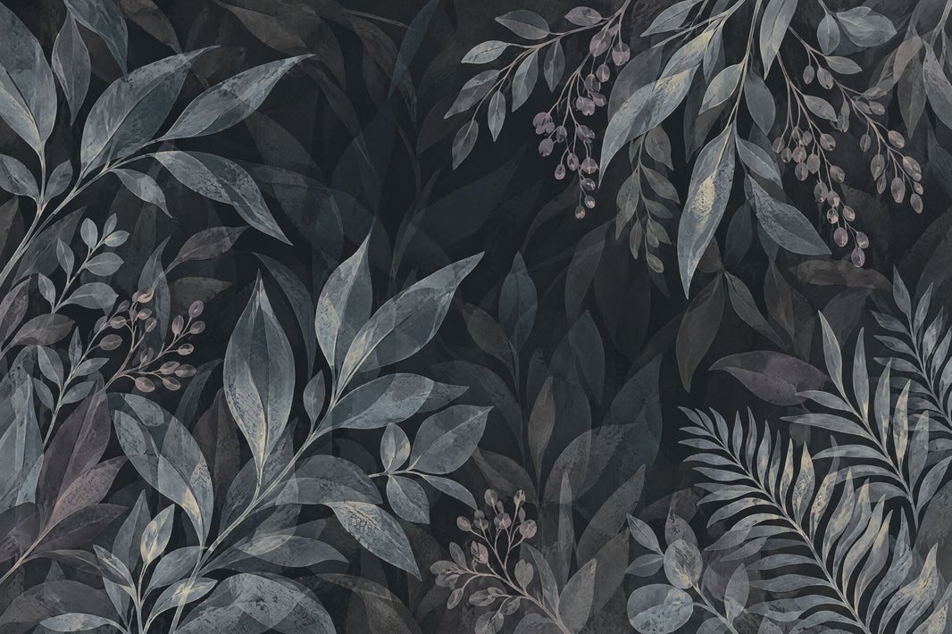 Moody Botanical Leaves Wallpaper Charcoal Watercolor Wall Mural pattern artwork