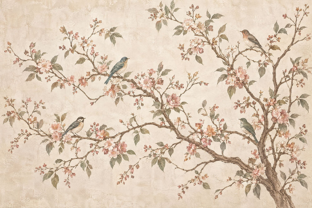Blossoming Branches And Birds Wallpaper Vintage Chinoiserie Wall Mural pattern artwork
