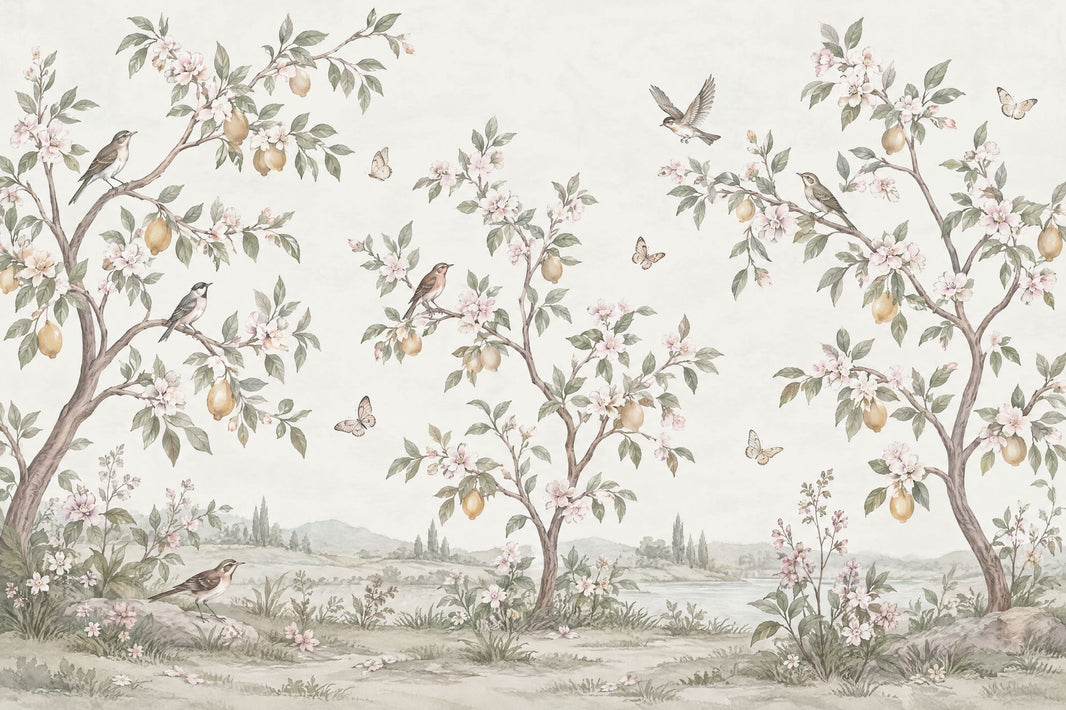Lemon Trees And Blossom Orchard Wallpaper Watercolor Pastoral Wall Mural pattern artwork
