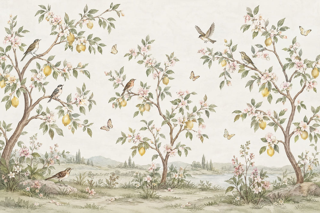 Lemon Trees Wallpaper Vintage Chinoiserie Wall Mural pattern artwork