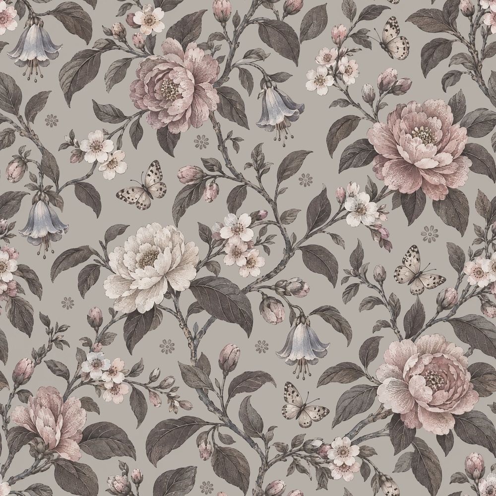 Peonies And Butterflies Wallpaper Vintage Floral Gray Background pattern artwork