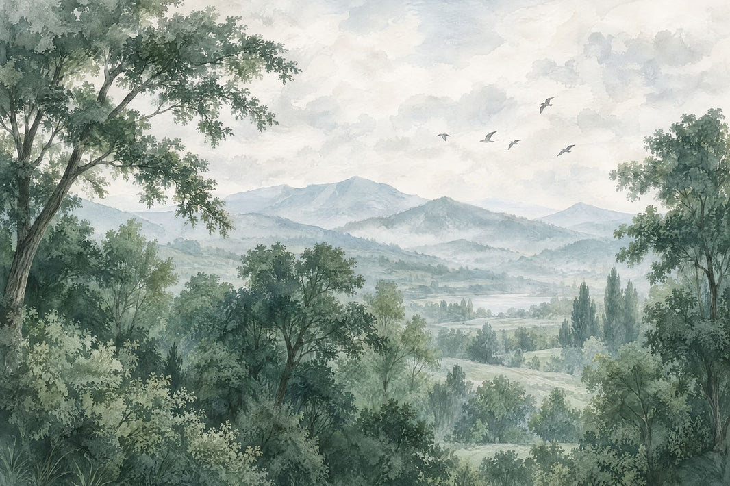 Misty Forest Mountains Wallpaper Watercolor Scenic Wall Mural pattern artwork