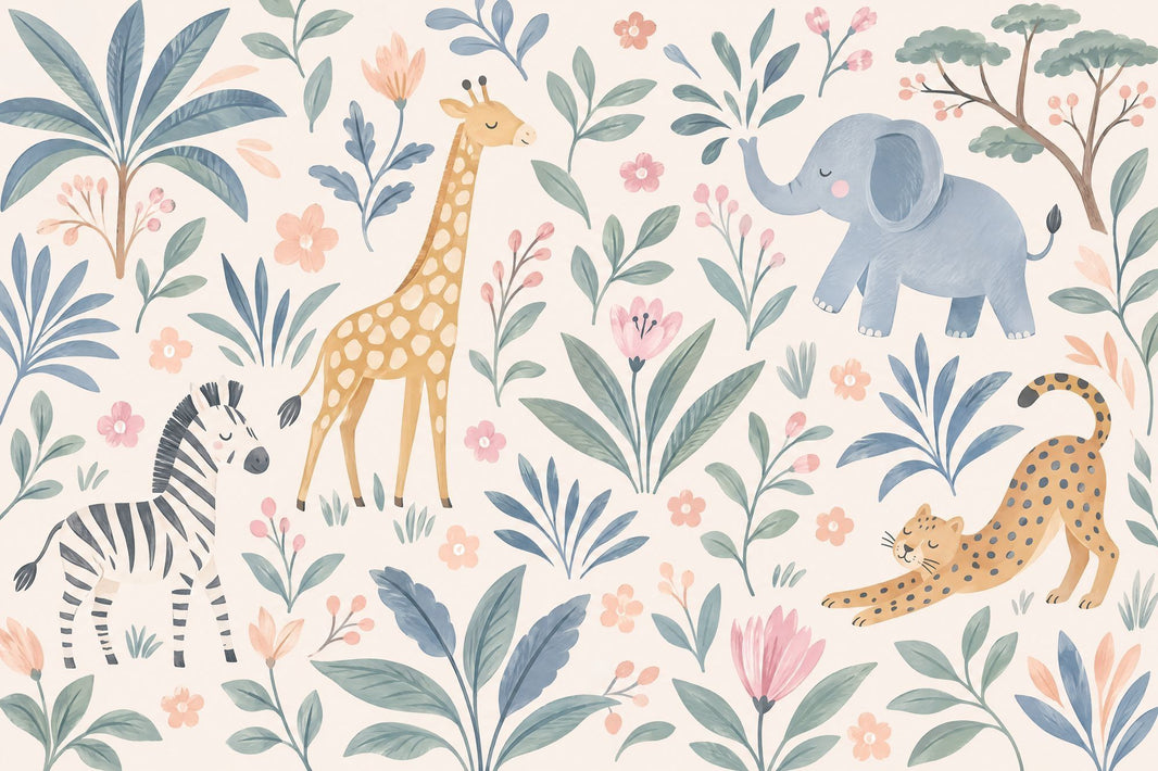 Watercolor Safari Animals Wallpaper Pastel Jungle Wall Mural pattern artwork