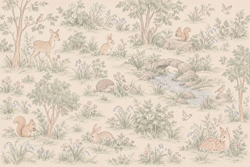 Woodland Animals Toile Wallpaper Vintage Cream Wall Mural pattern artwork